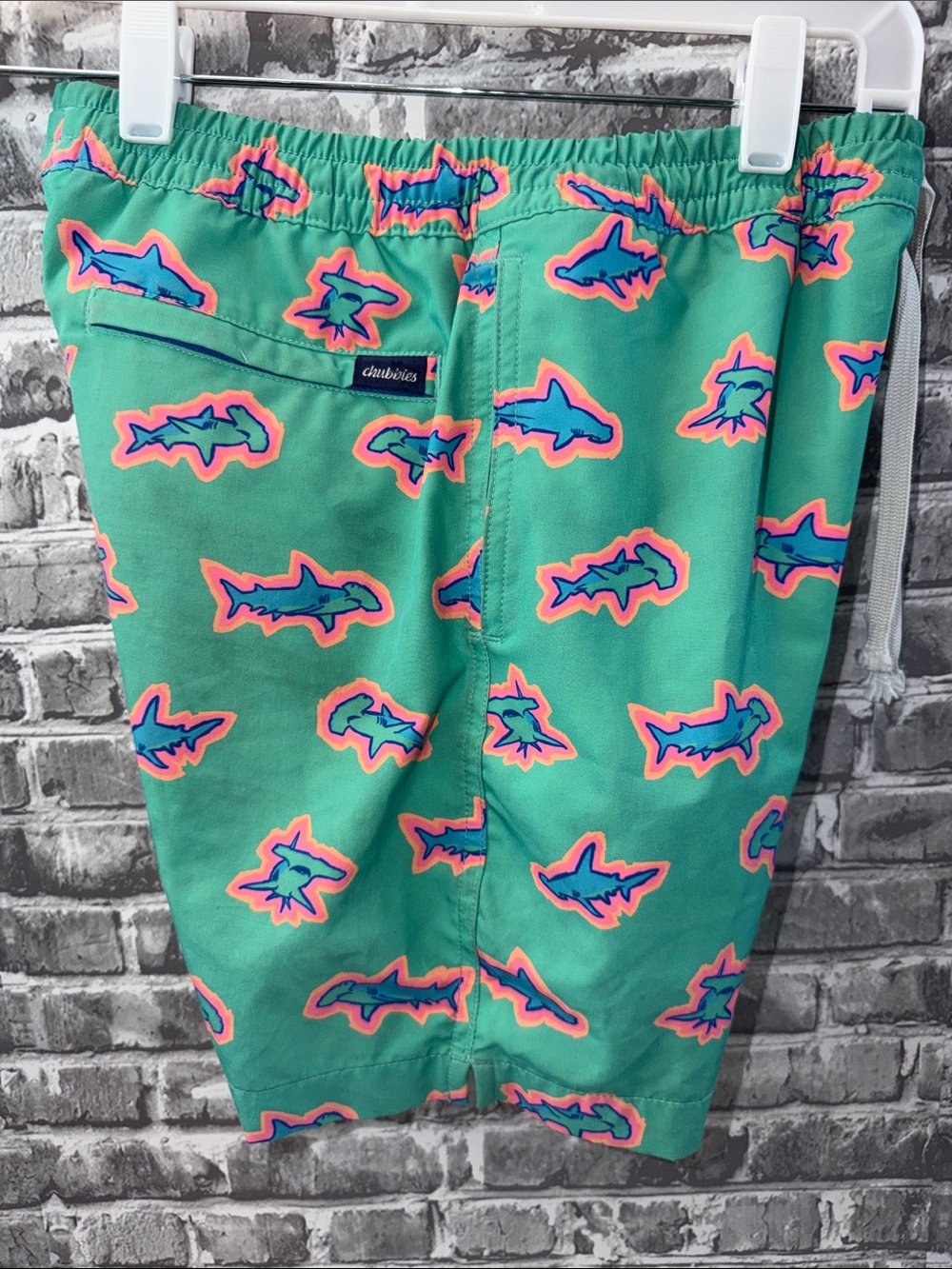 Boy's chubbies Teal Swim Trunks with Neon Shark‎ Print